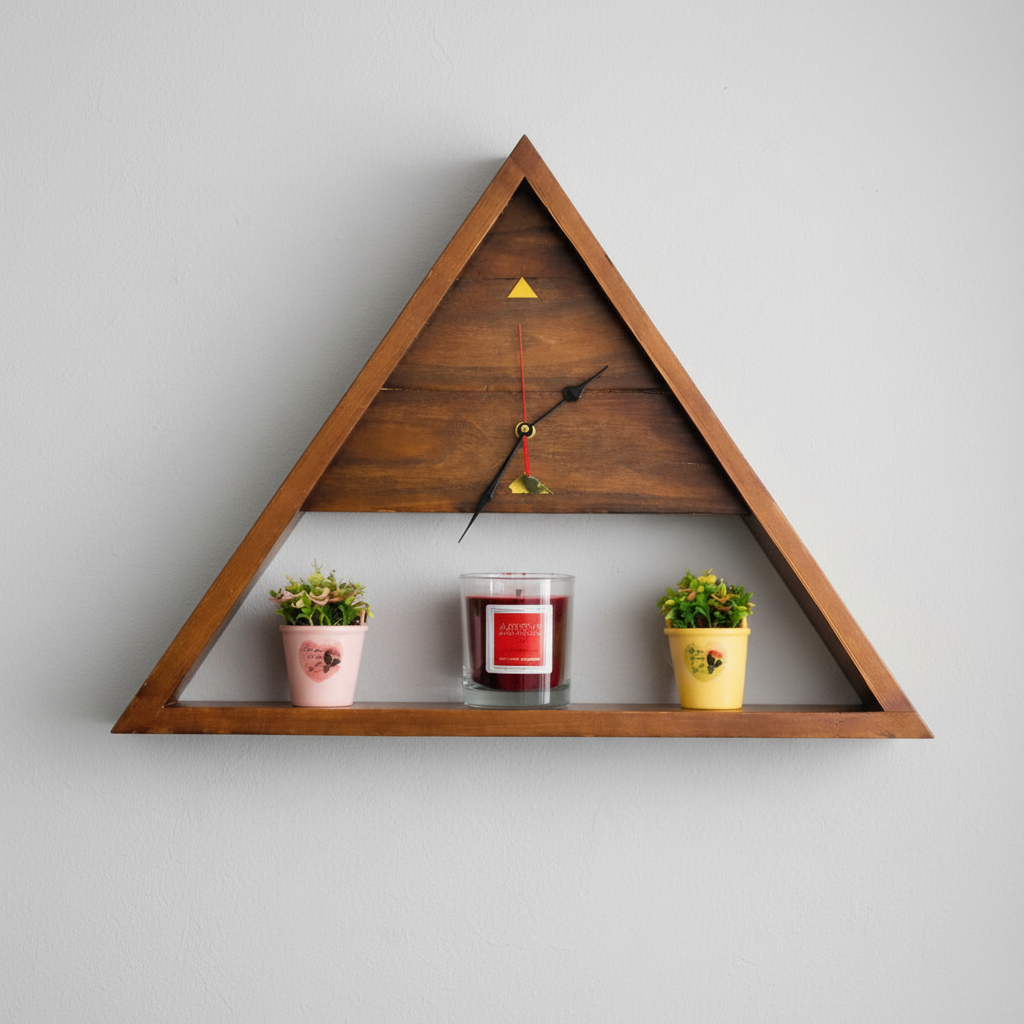 Triangular wooden wall clock with candle and plants
