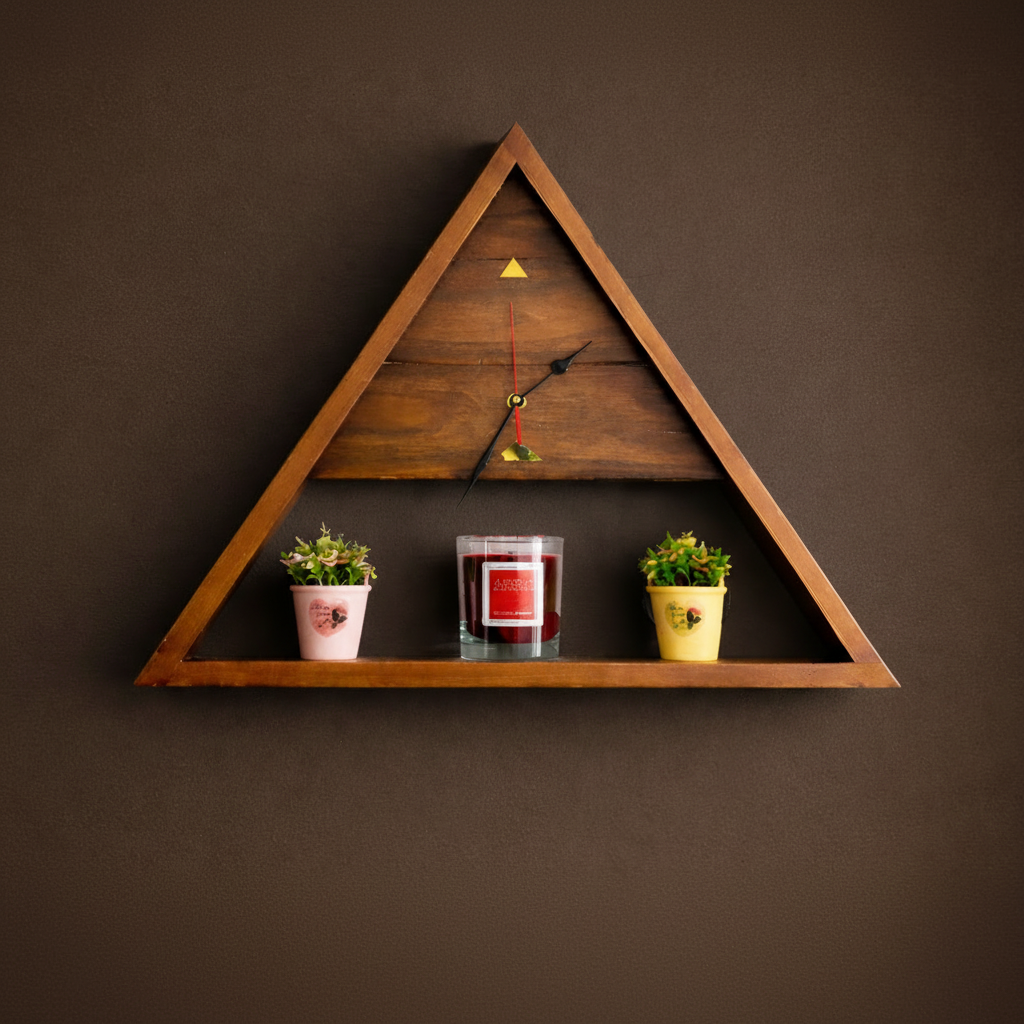 Triangular wooden wall clock with coffee background