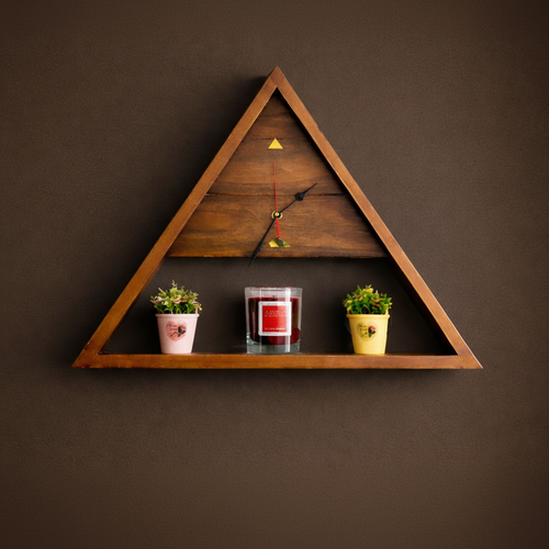 Triangular wooden wall clock with coffee background